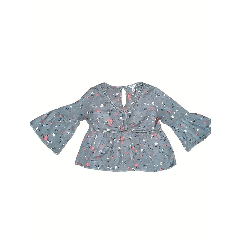 Arizona Jean Company Bell Sleeve Gray Floral All Rayon Crop Top Blouse Size S - Picture 7 of 9